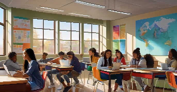 A diverse group of students in a modern classroom, using laptops and collaborating on projects under natural light.