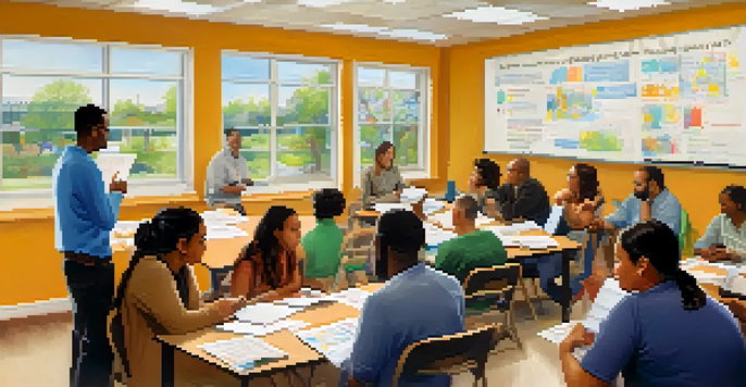 A community center with immigrants participating in a financial literacy workshop, surrounded by educational materials and an instructor.