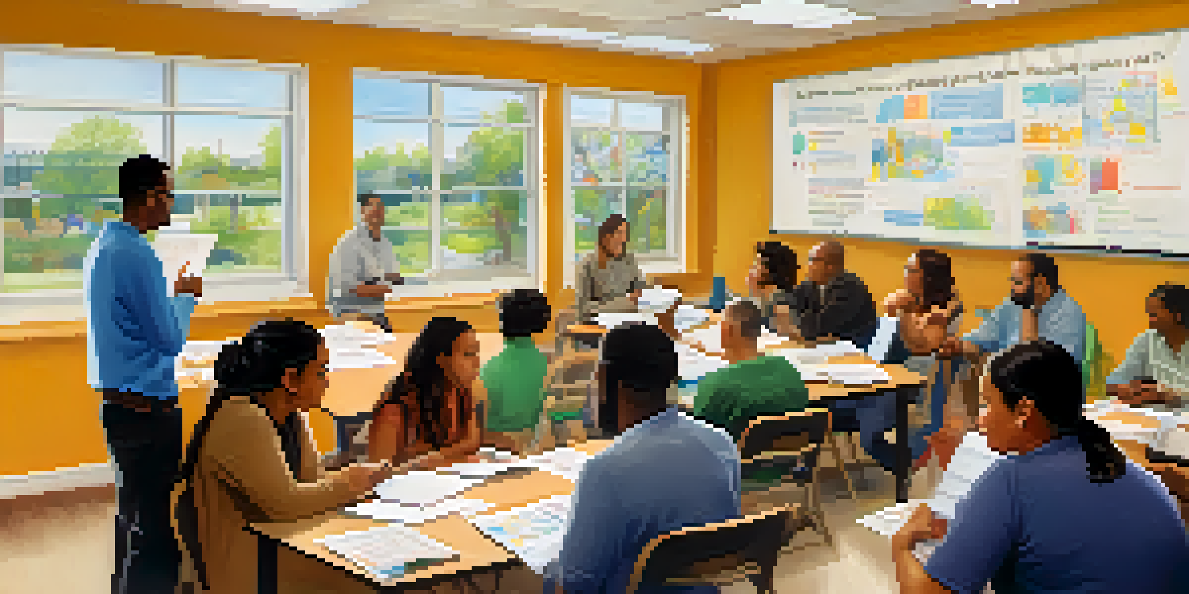 A community center with immigrants participating in a financial literacy workshop, surrounded by educational materials and an instructor.