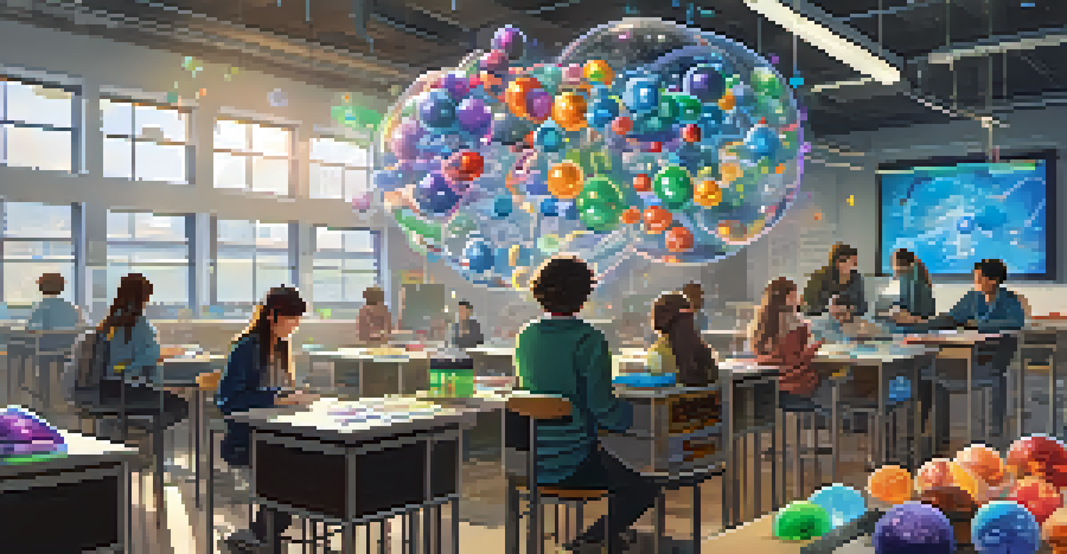 Students in a chemistry class using a Merge Cube to visualize 3D molecular structures, surrounded by lab equipment and educational posters.