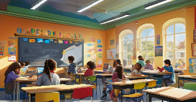 A lively classroom with diverse students collaborating on learning activities, decorated with educational posters and digital screens displaying badges.