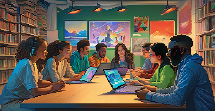 A group of diverse individuals engaged in a digital storytelling session around a table, with colorful visuals projected in the background.