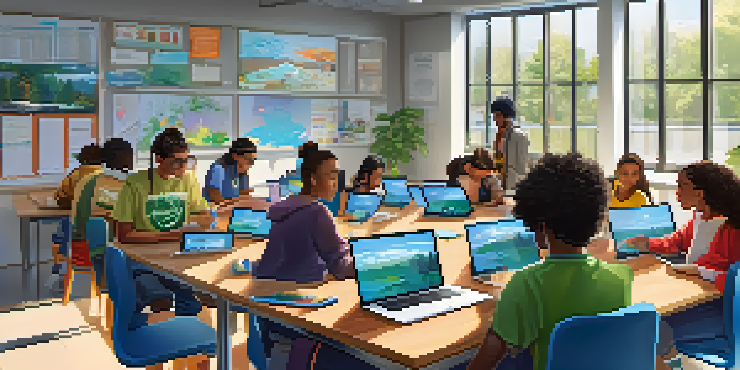 A diverse group of students working together in a modern classroom with technology and natural light.