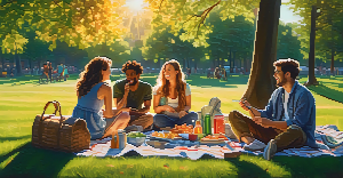 A group of diverse friends enjoying a picnic in a park at sunset, surrounded by greenery.