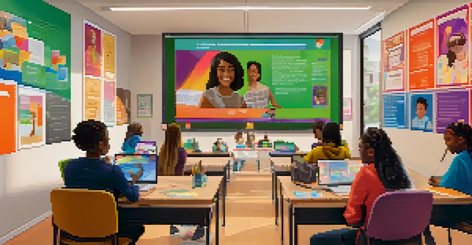 A virtual classroom with diverse students participating in a live online session, featuring an instructor on a large screen and students' faces in small boxes around it.