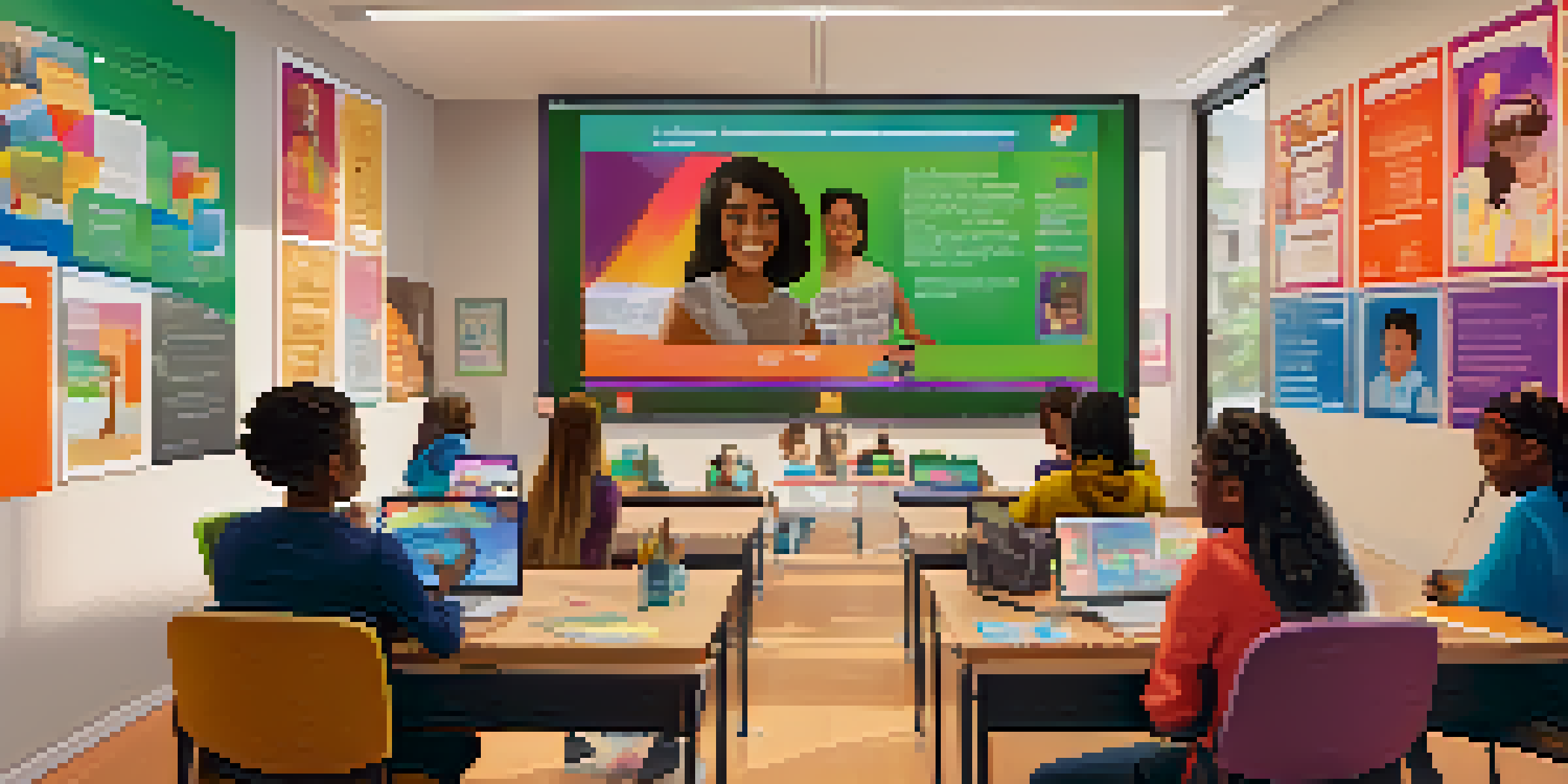 A virtual classroom with diverse students participating in a live online session, featuring an instructor on a large screen and students' faces in small boxes around it.