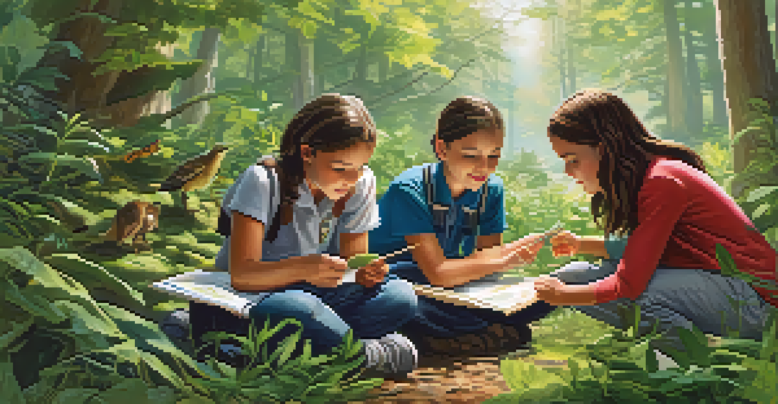 A teacher and students exploring nature, observing plants and insects in a bright outdoor setting, engaging in hands-on learning.