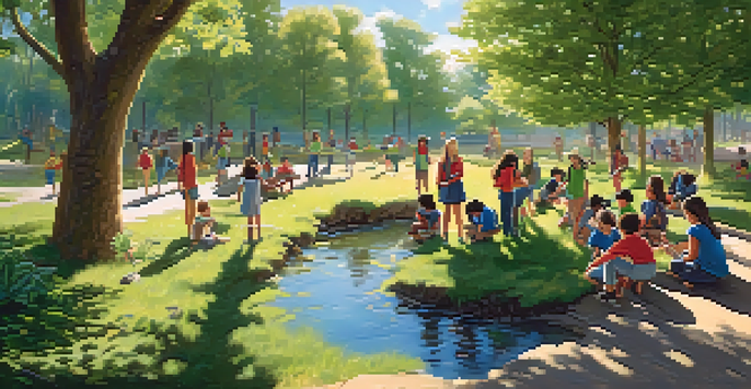 A lively outdoor classroom with students exploring nature by a stream, under a sunny sky.