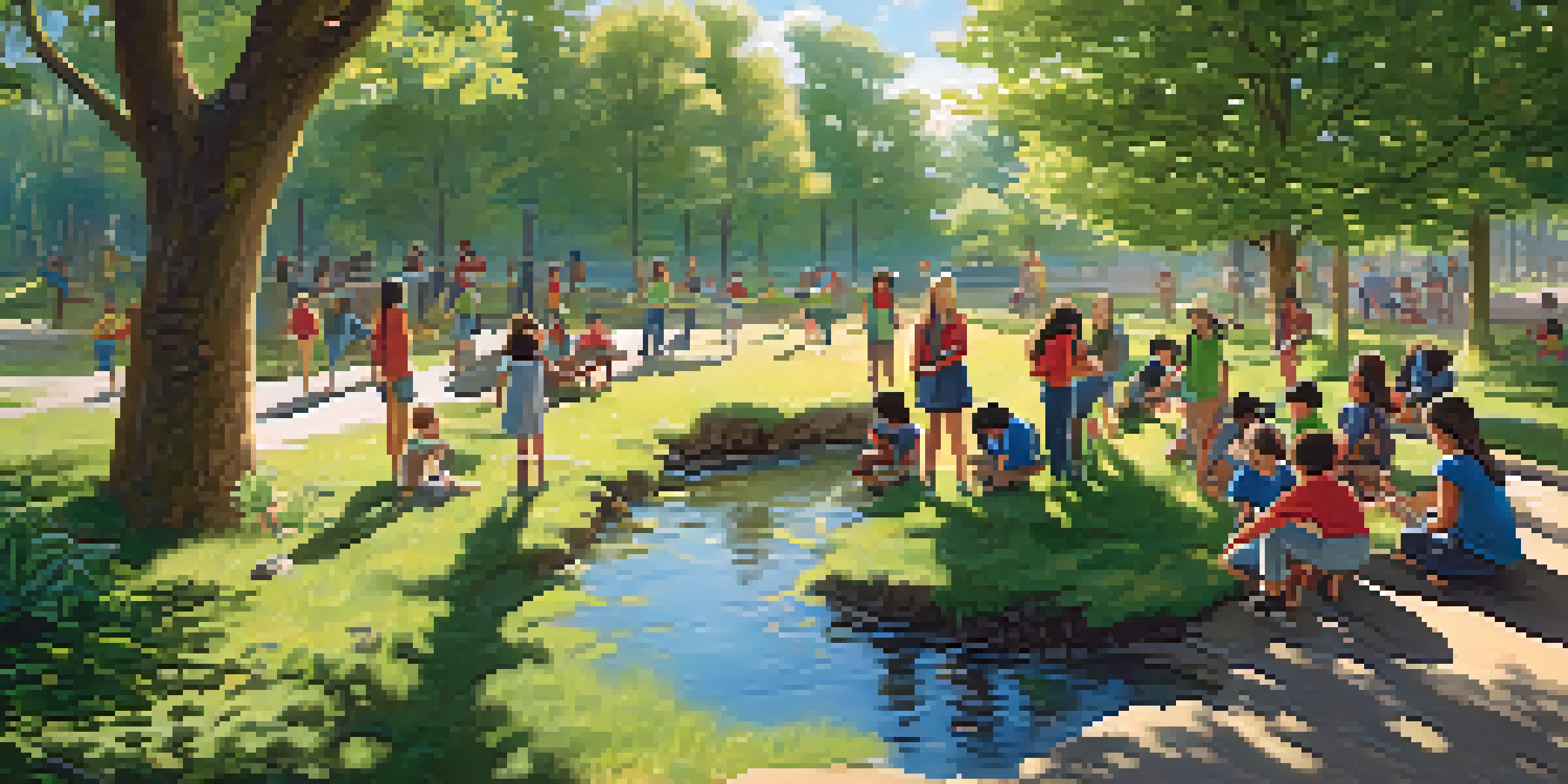 A lively outdoor classroom with students exploring nature by a stream, under a sunny sky.