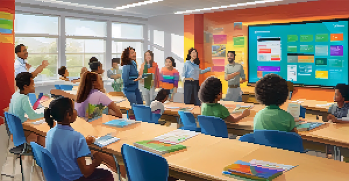 A lively classroom where teachers interact with digital screens and leaderboards, showcasing a community of collaboration and achievement.
