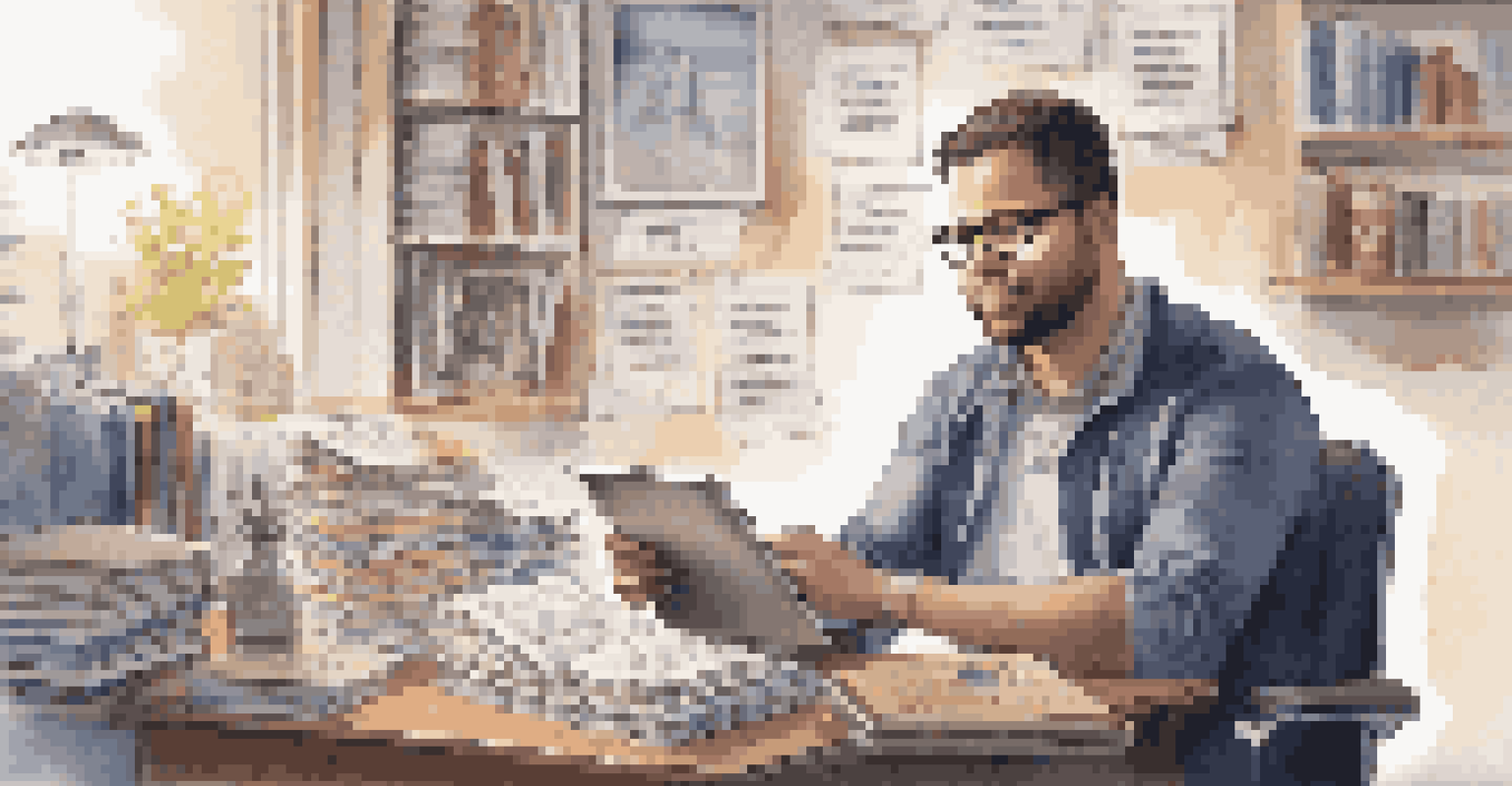 An educator at a desk with a tablet, surrounded by educational materials, creating social media content in a well-lit room with motivational quotes on the wall.