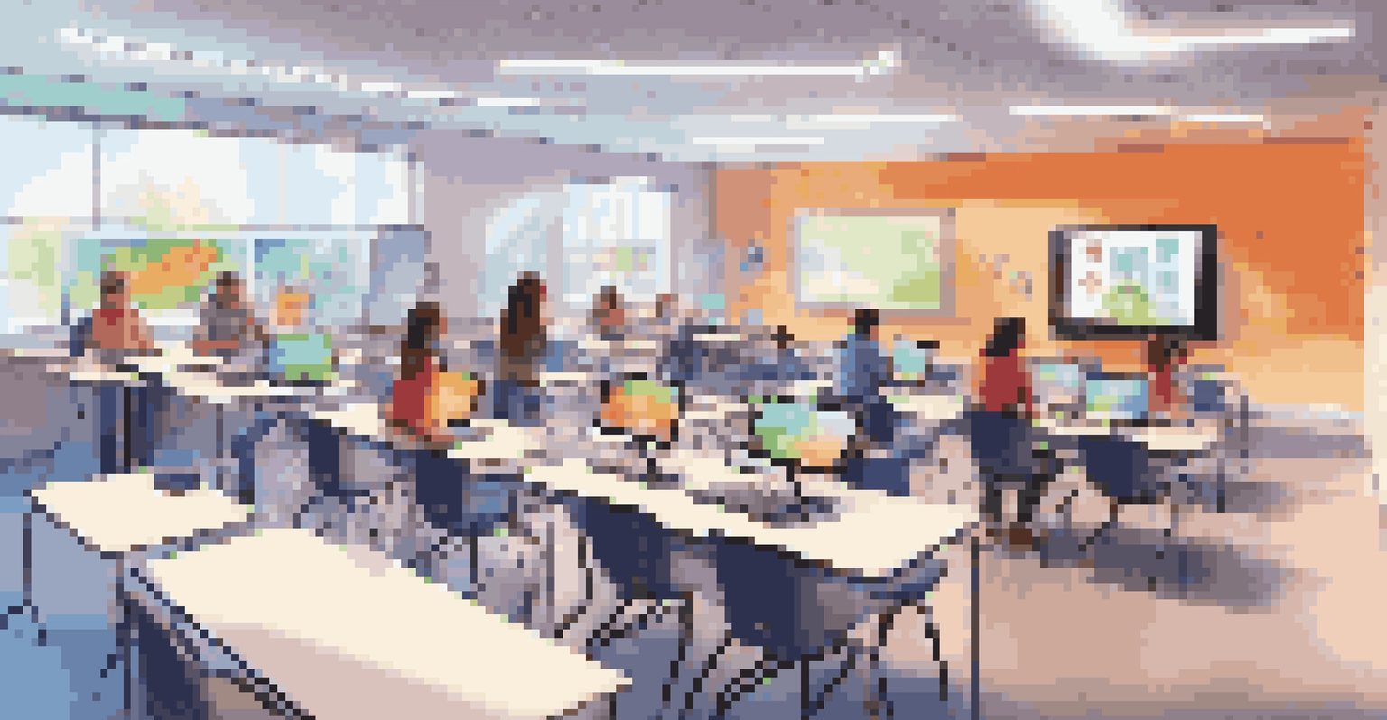 A modern classroom where students use technology for personalized learning, with interactive screens and a bright, engaging atmosphere.