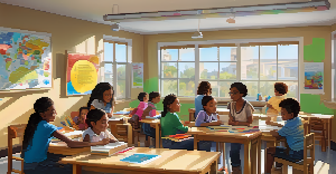 A bright classroom with children of different ethnicities working together on a project, surrounded by vibrant decorations and natural light.