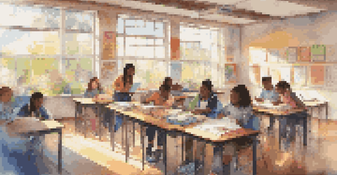 A bright classroom with diverse students working together, discussing educational materials, and illuminated by sunlight.