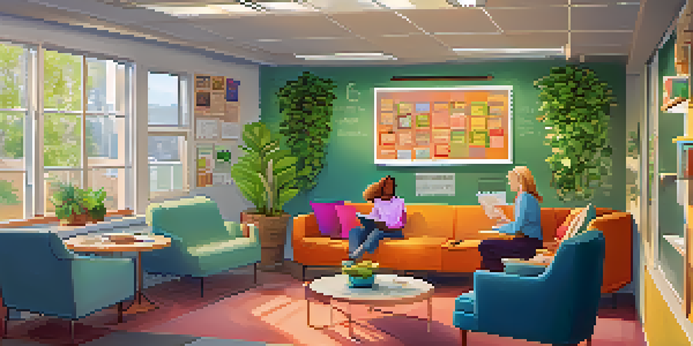 A teacher's lounge with diverse teachers chatting and sharing ideas in a warm, inviting space.