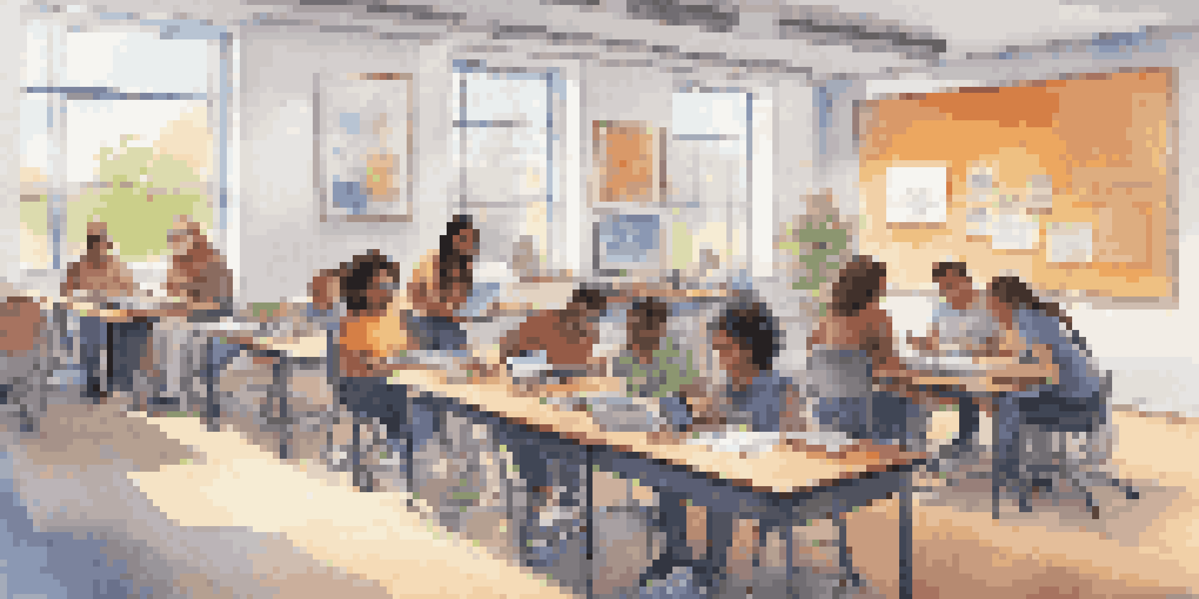A diverse digital classroom with students using assistive technologies, collaborating at a round table, and bright learning materials around them.