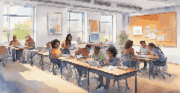 A diverse digital classroom with students using assistive technologies, collaborating at a round table, and bright learning materials around them.