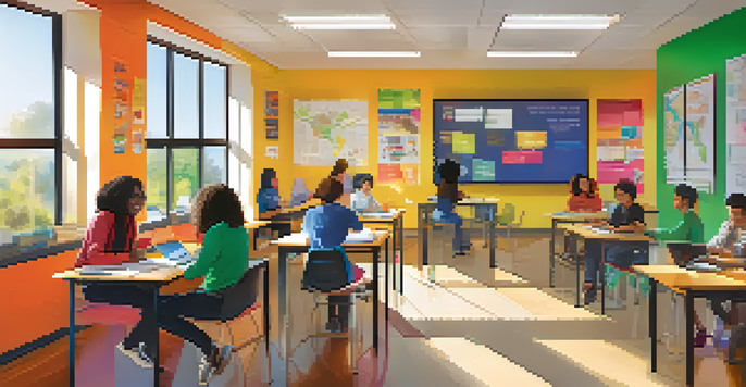 A lively blended learning classroom with students discussing in person and working on laptops, bright sunlight illuminating the space.
