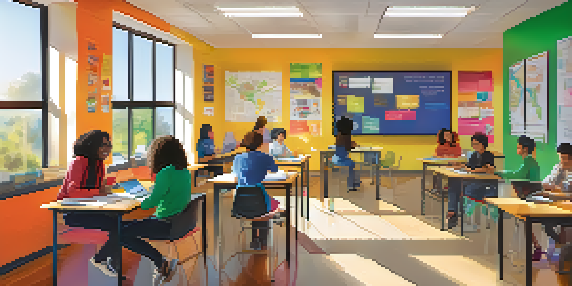 A lively blended learning classroom with students discussing in person and working on laptops, bright sunlight illuminating the space.