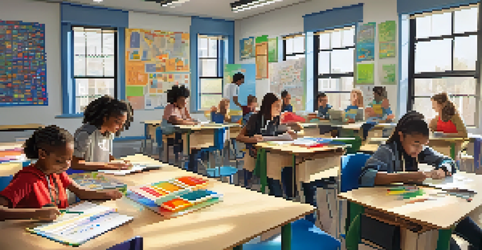 A bright classroom with students working together on a project, surrounded by colorful materials and educational posters.