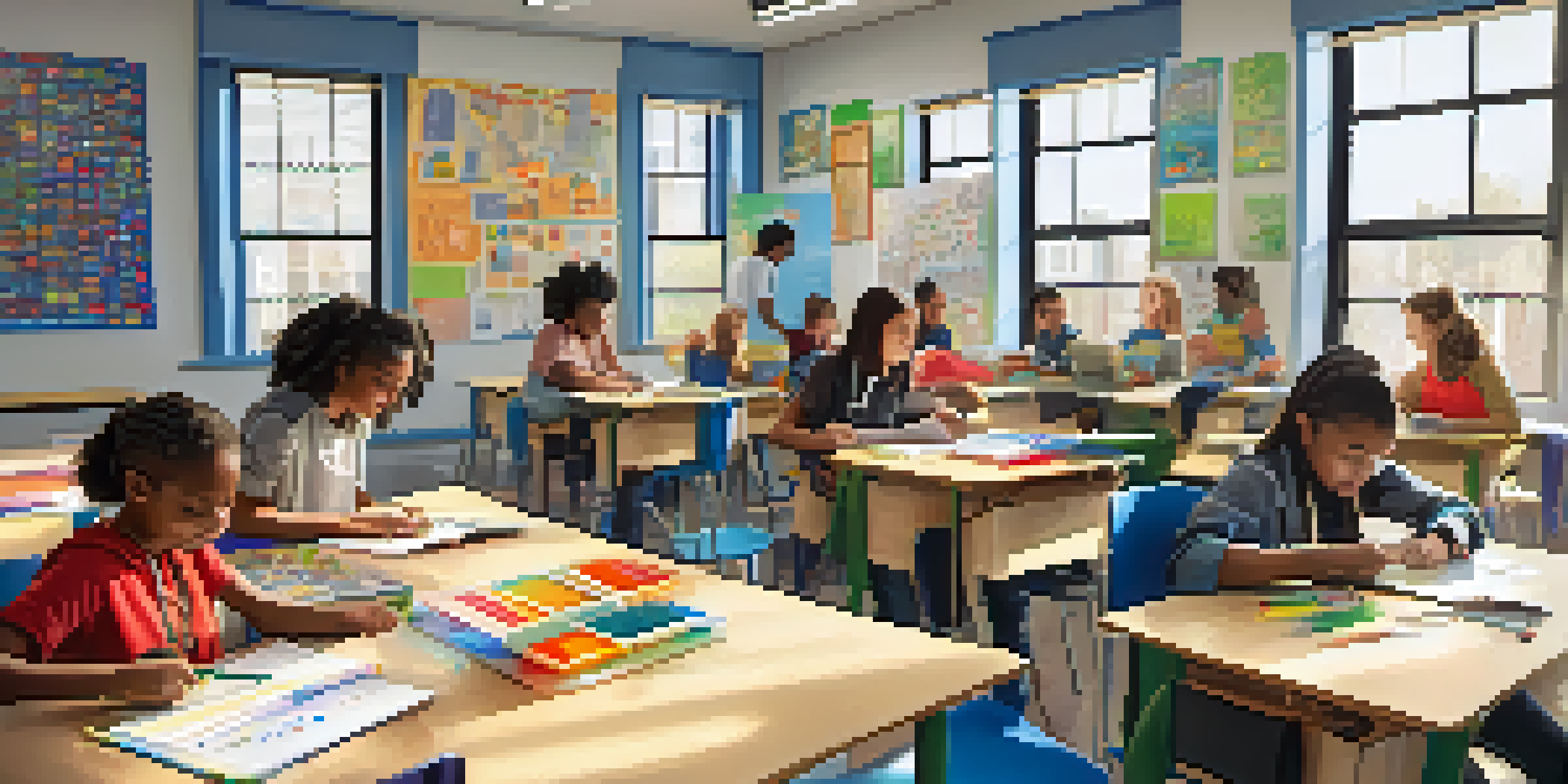 A bright classroom with students working together on a project, surrounded by colorful materials and educational posters.