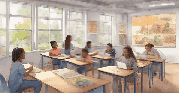 A diverse group of students in a virtual classroom, focused on their screens with educational content, surrounded by soft lighting and motivational posters.