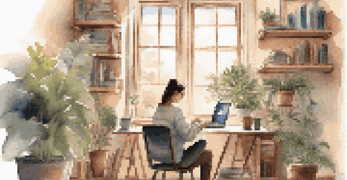 A student studying at home with a laptop, books, and warm lighting, creating a calm and inviting study atmosphere.