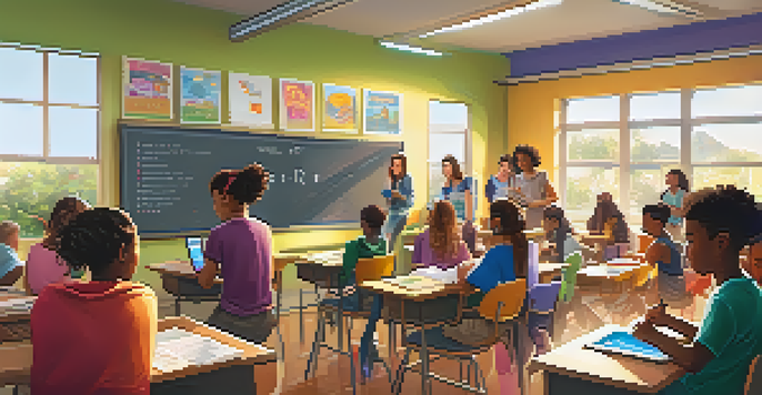 A lively classroom with diverse students engaging with tablets and interactive learning tools, under bright natural light.