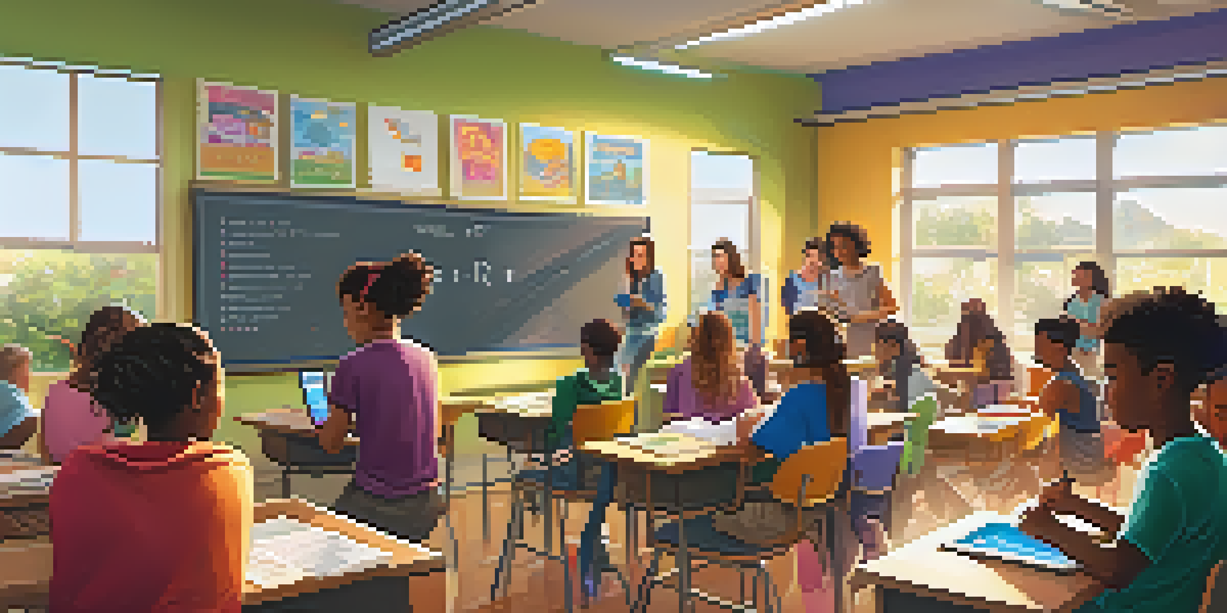 A lively classroom with diverse students engaging with tablets and interactive learning tools, under bright natural light.