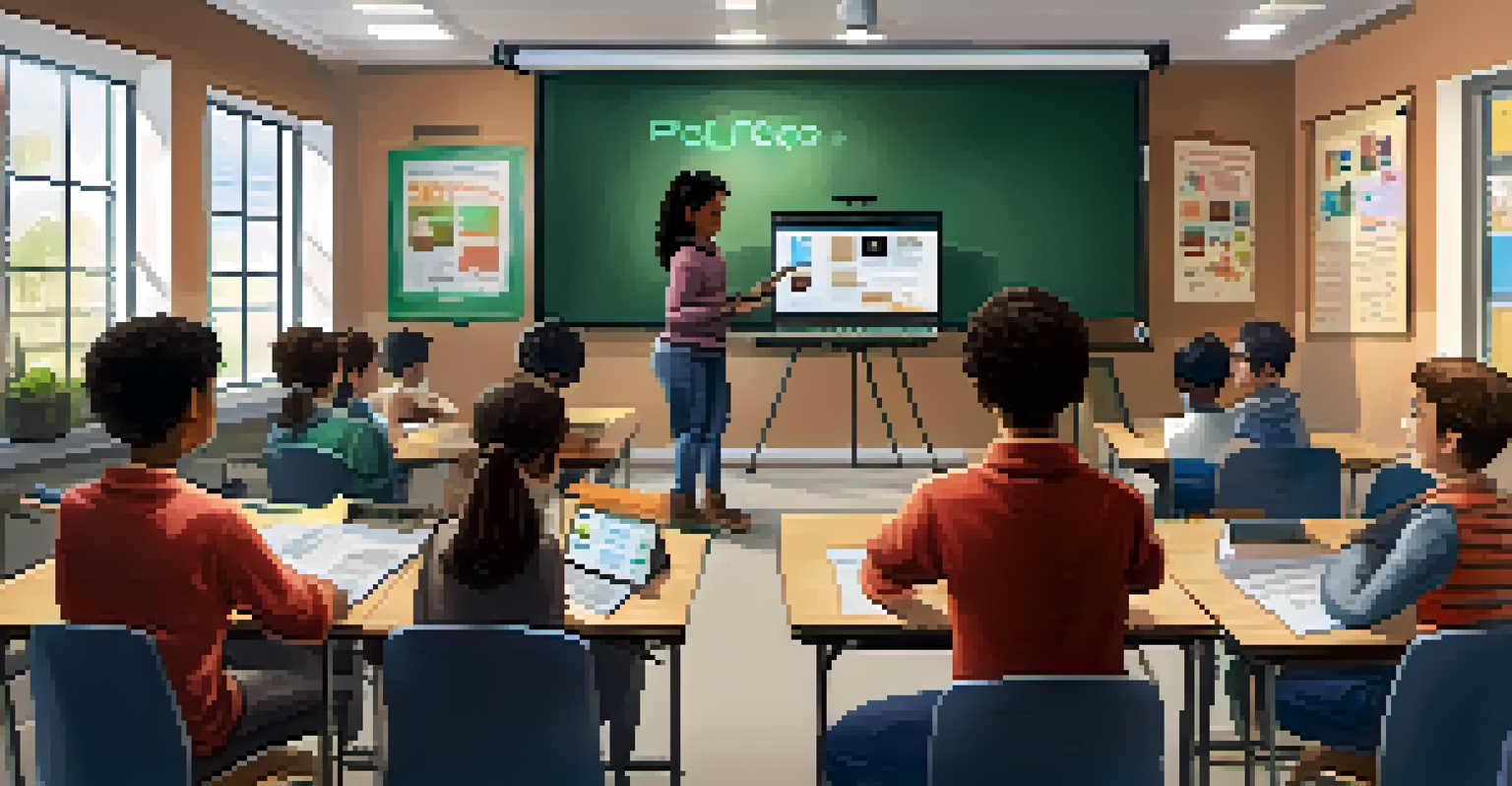 Students in a classroom presenting their digital portfolios with a projector in the background, creating a collaborative and engaging environment.