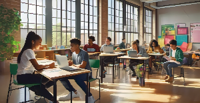 A diverse group of students working together in a bright classroom, using laptops and mobile devices to collaborate on a project.