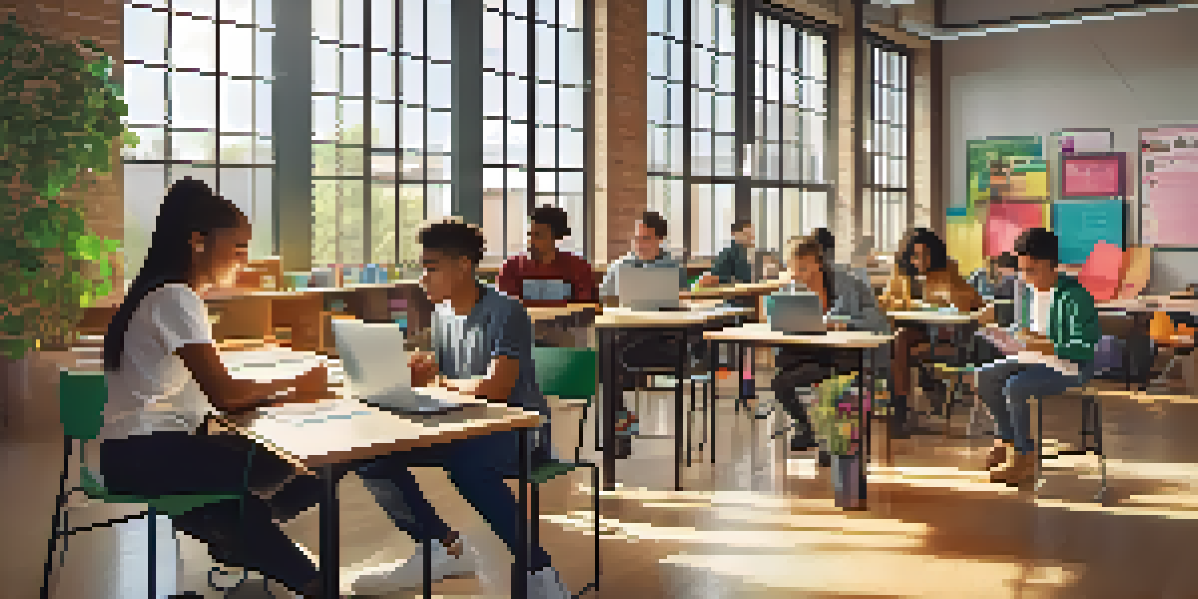 A diverse group of students working together in a bright classroom, using laptops and mobile devices to collaborate on a project.
