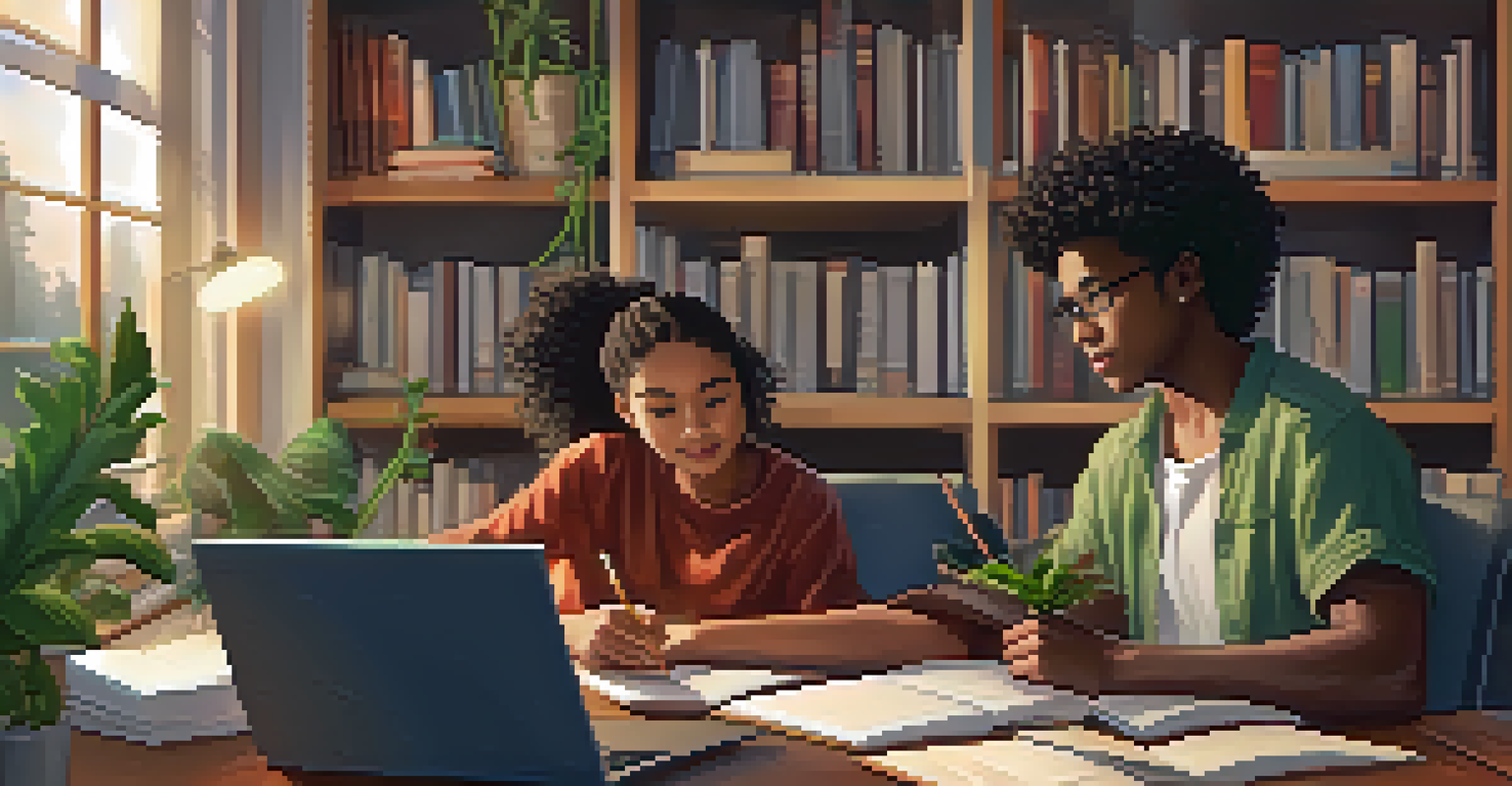 Two students collaborating on a laptop in a cozy study space, one pointing at the screen while the other takes notes.