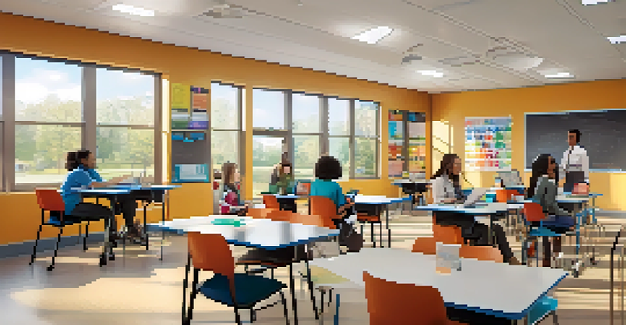 A modern classroom designed for adult learning, with flexible seating, natural light, and learners collaborating around a table.