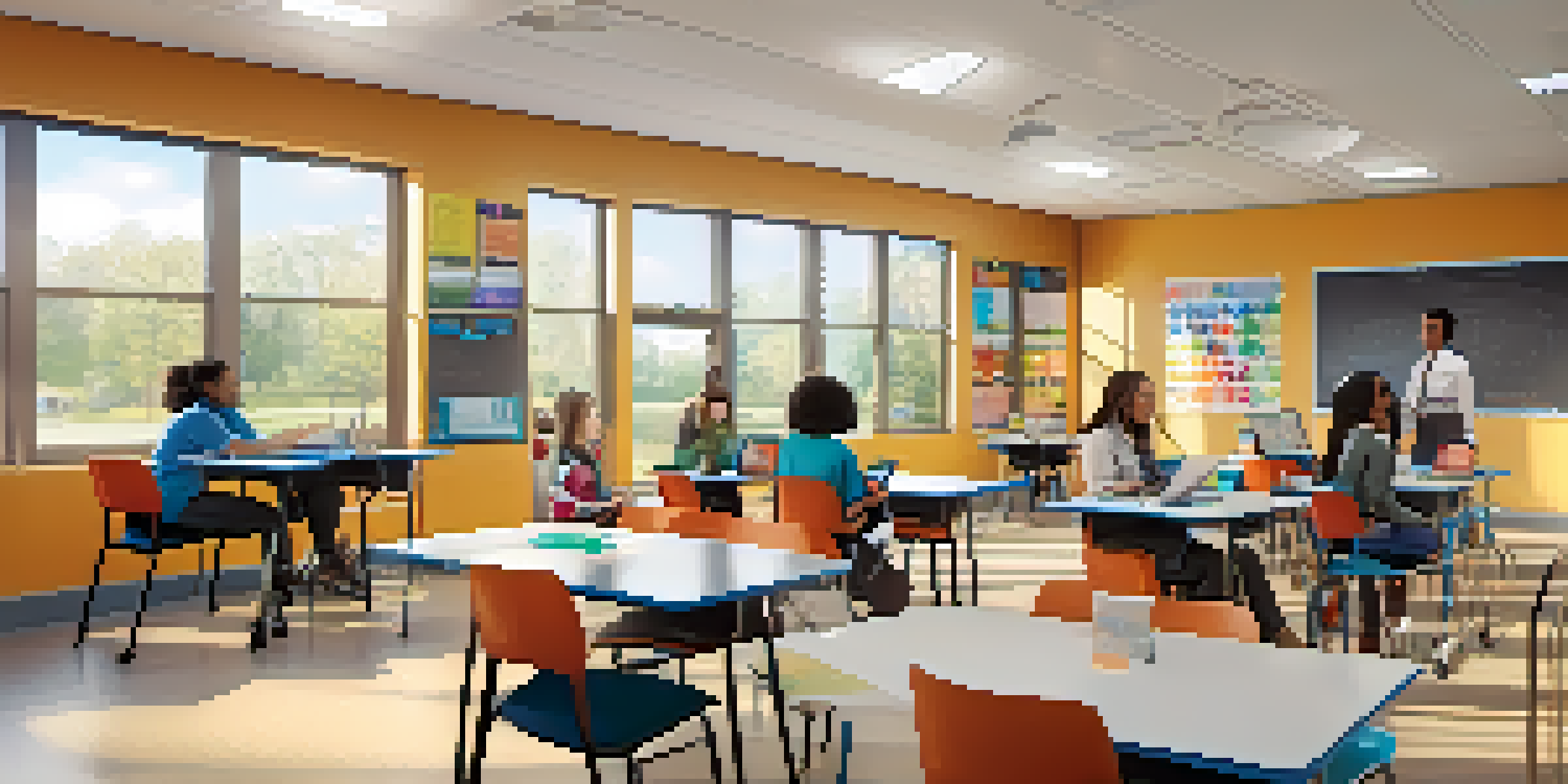 A modern classroom designed for adult learning, with flexible seating, natural light, and learners collaborating around a table.