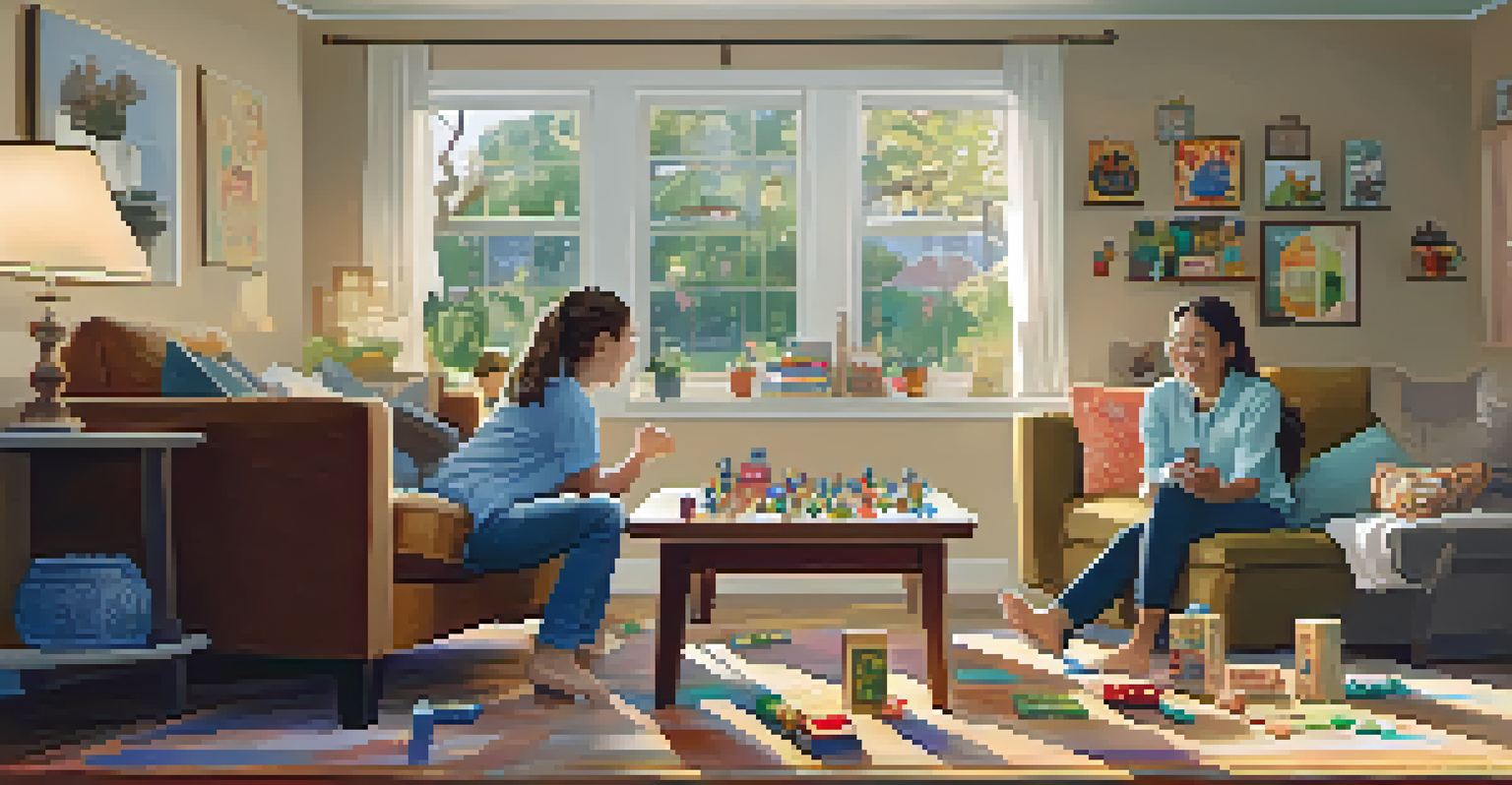A parent and child playing board games in a cozy living room, filled with warm light and family photos.