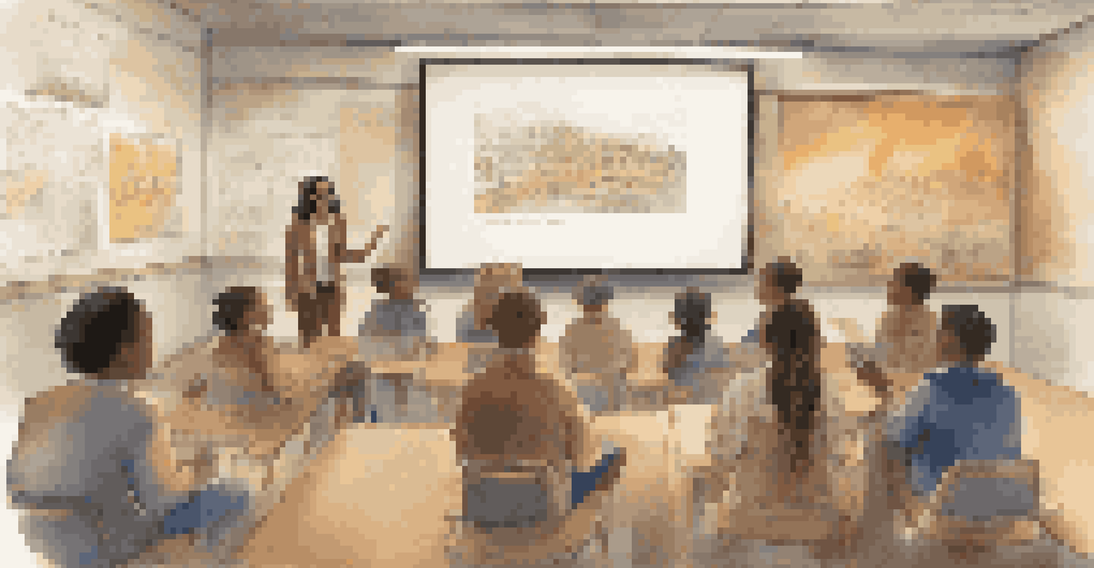 A modern classroom during a digital storytelling session, where a teacher uses AR to project historical events, capturing the students' attention with interactive visuals and a warm atmosphere.