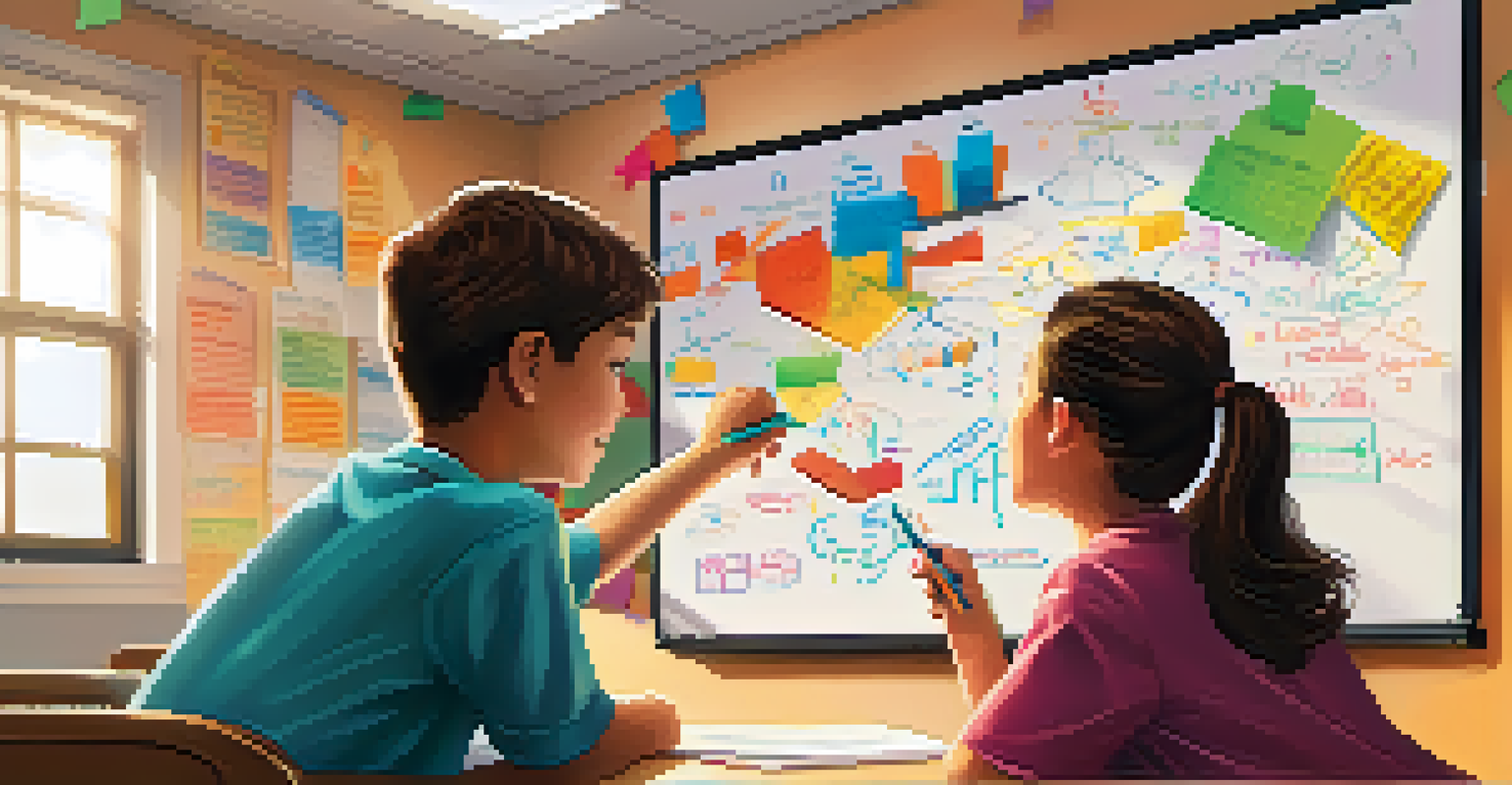 Two students focused on solving a math problem on a whiteboard, surrounded by educational posters and a bright classroom atmosphere.