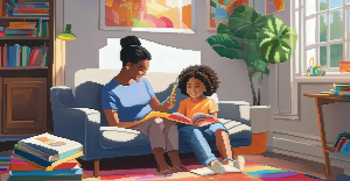 A parent and child sitting on a sofa, reading a picture book together in a cozy living room filled with books and toys.
