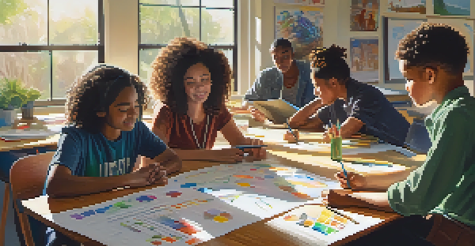 A diverse group of students collaborating on a science project in a bright classroom, surrounded by scientific tools and charts, with sunlight streaming through windows.