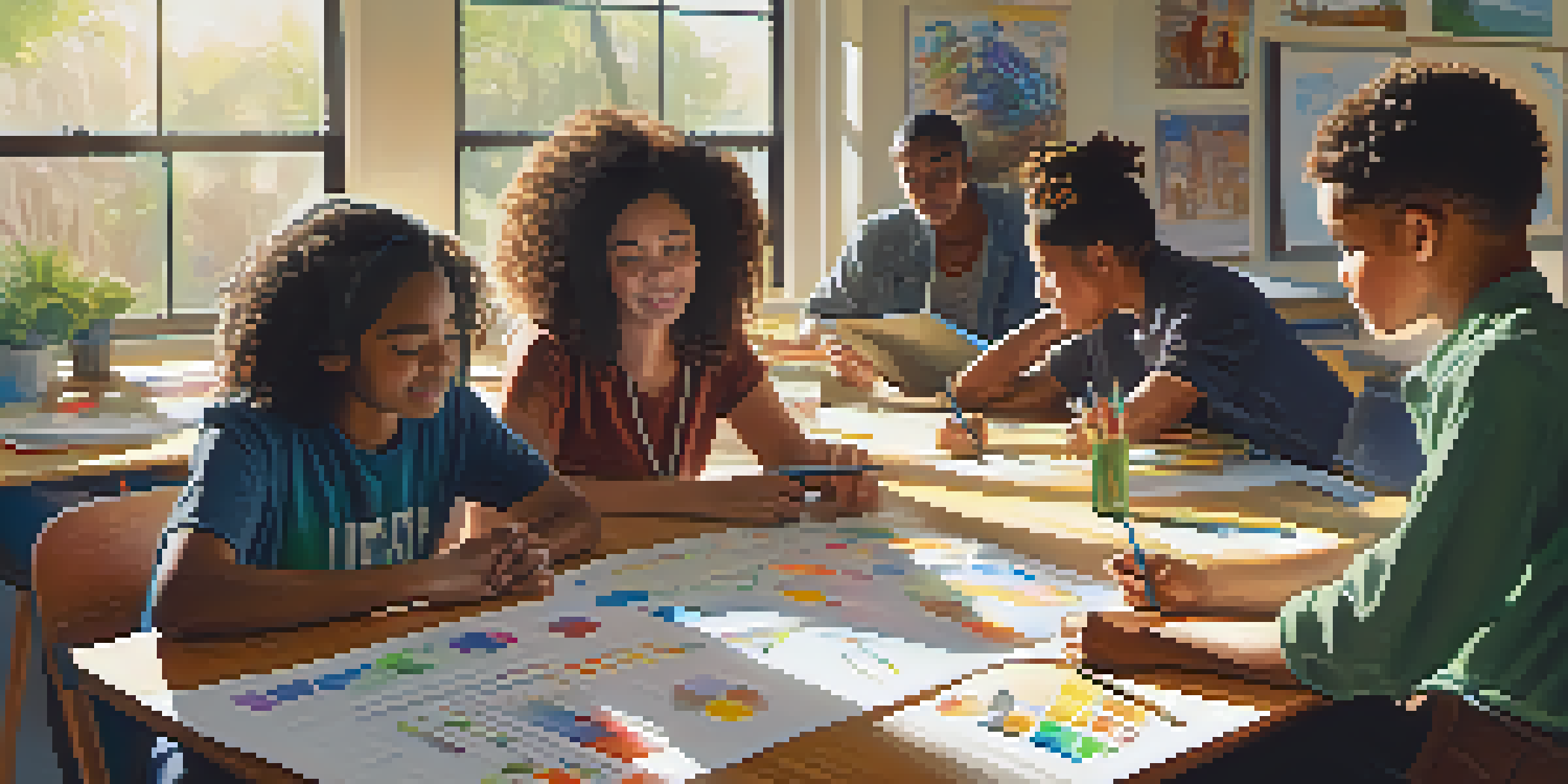 A diverse group of students collaborating on a science project in a bright classroom, surrounded by scientific tools and charts, with sunlight streaming through windows.