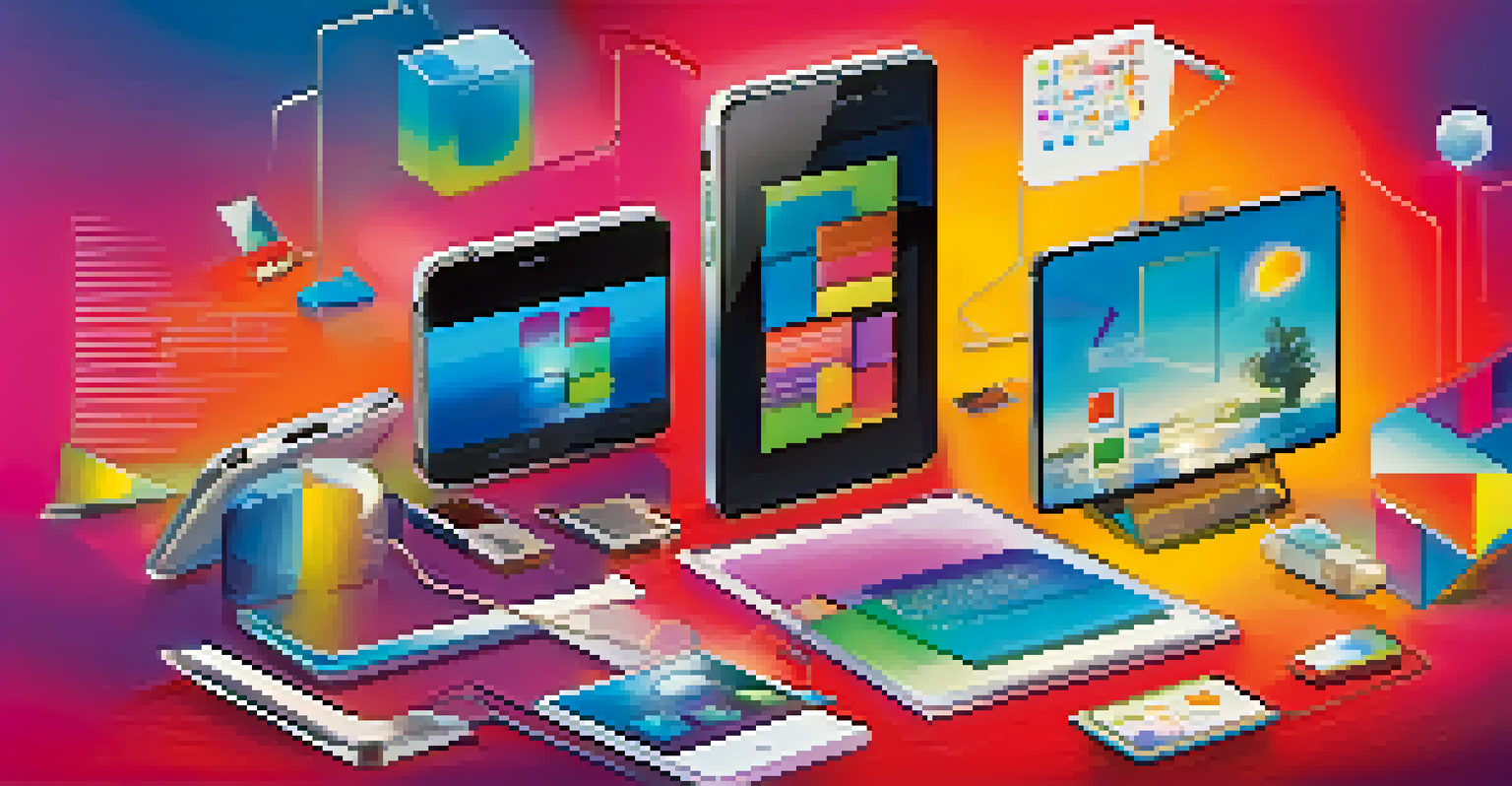 An abstract depiction of mobile learning with devices displaying educational content against a colorful background.
