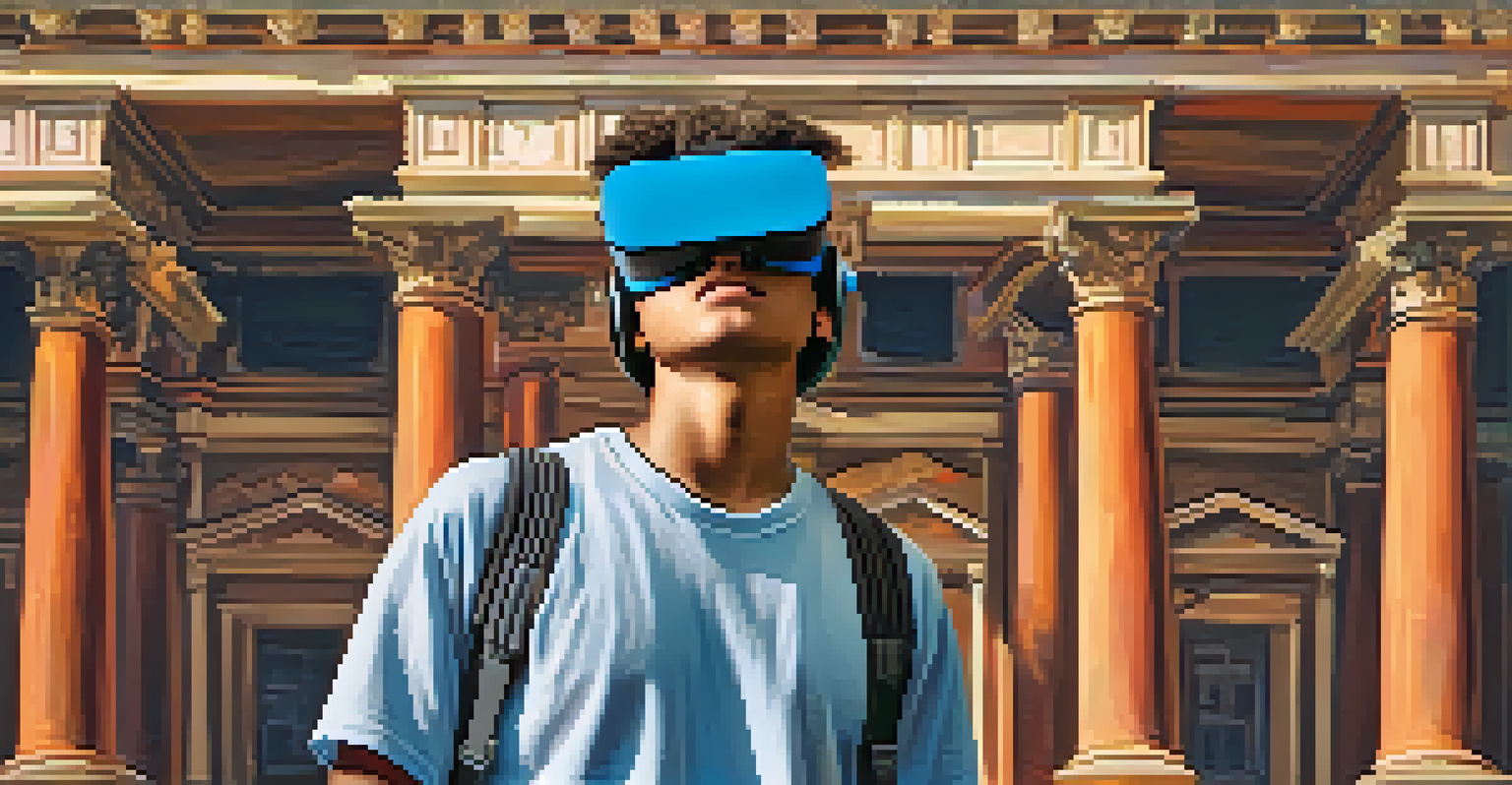 A student using a virtual reality headset to explore a digital rendition of ancient Rome, surrounded by vibrant historical architecture.