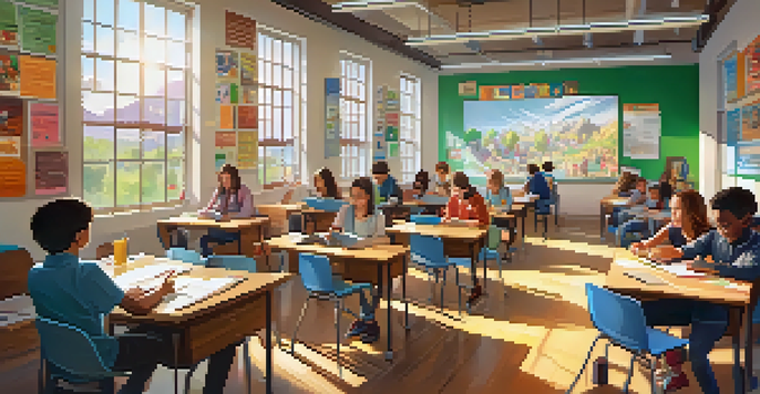 A lively classroom with diverse students using tablets and collaborating on projects, illuminated by sunlight from large windows.