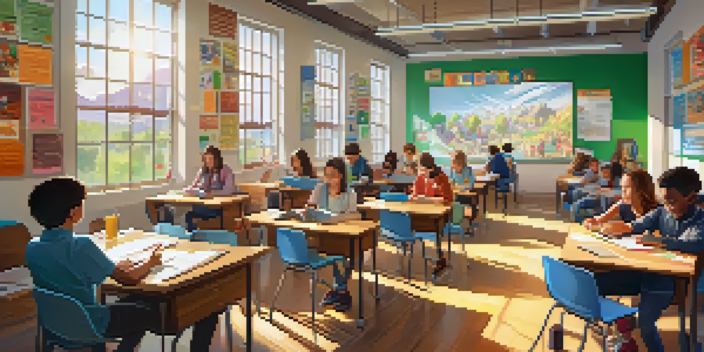 A lively classroom with diverse students using tablets and collaborating on projects, illuminated by sunlight from large windows.