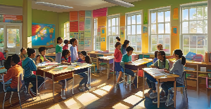 A lively classroom with students collaborating on projects, surrounded by educational posters and sunlight pouring in from the windows.
