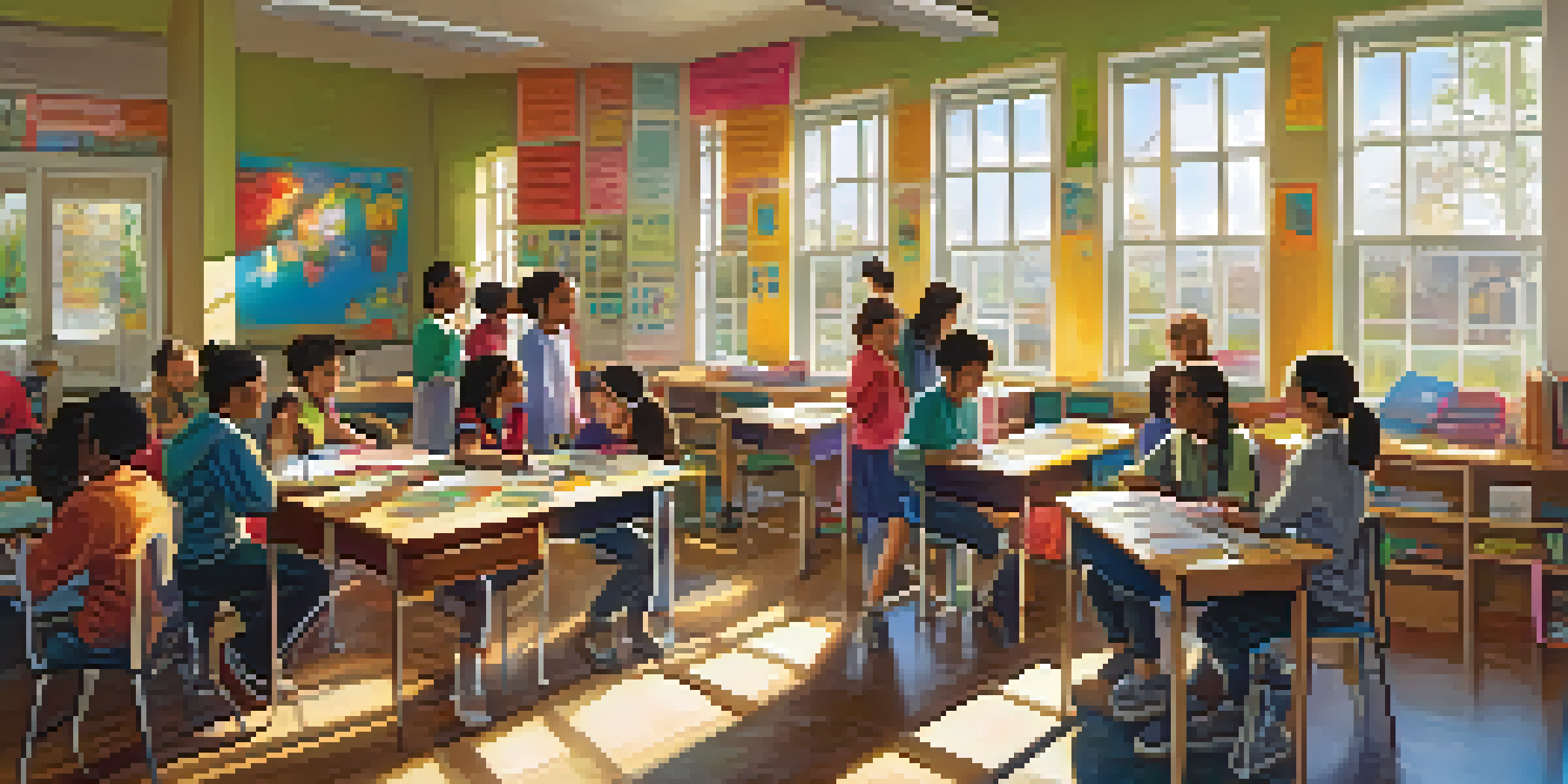 A lively classroom with students collaborating on projects, surrounded by educational posters and sunlight pouring in from the windows.