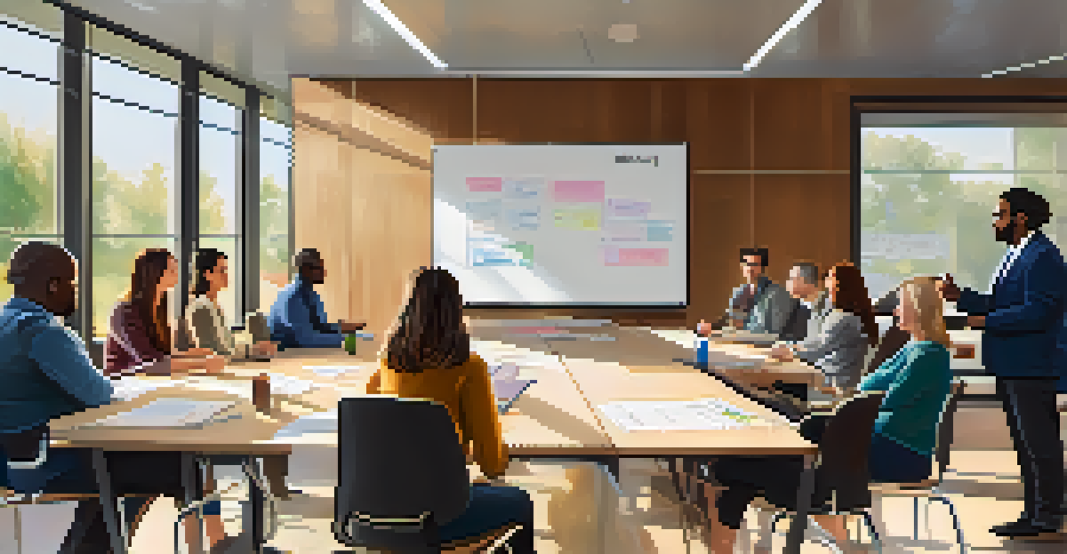 A group of teachers collaborating in a conference room, focused on discussing student data and strategies, with a whiteboard and natural light enhancing the environment.
