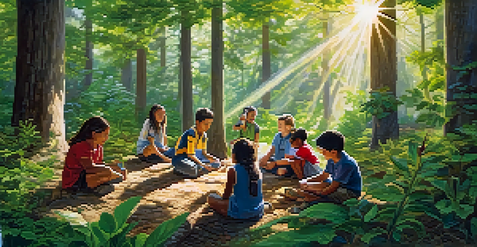 An outdoor classroom in a forest where Indigenous children and elders are learning about nature, highlighting collaboration and hands-on science education.