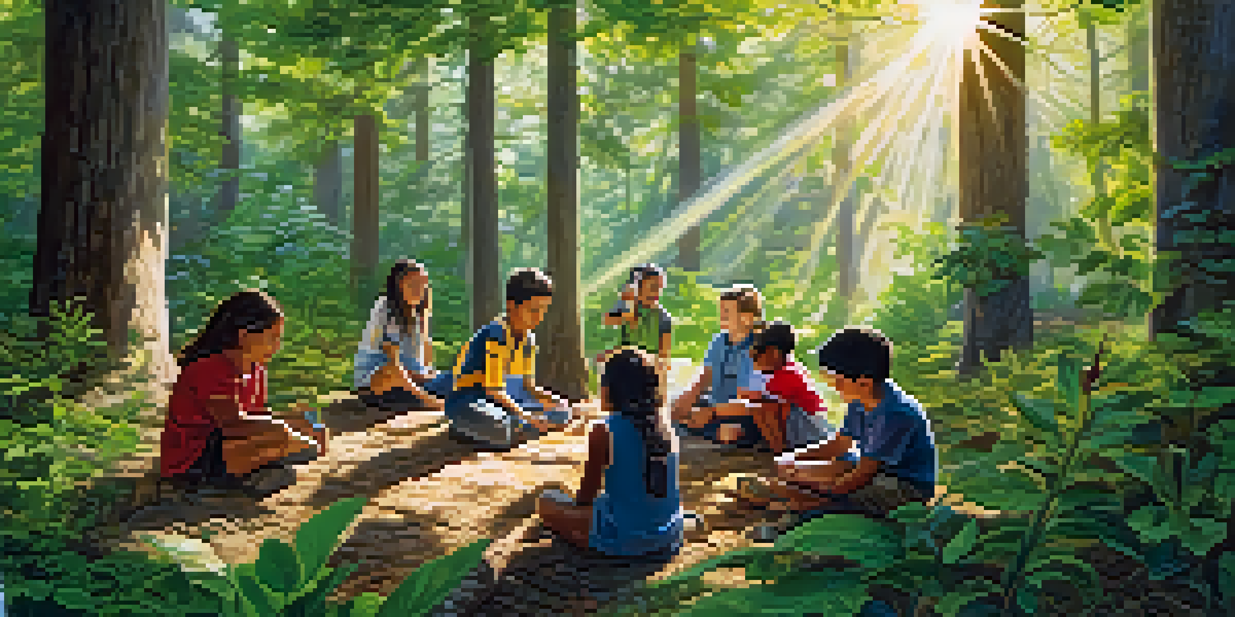 An outdoor classroom in a forest where Indigenous children and elders are learning about nature, highlighting collaboration and hands-on science education.